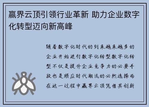 赢界云顶引领行业革新 助力企业数字化转型迈向新高峰